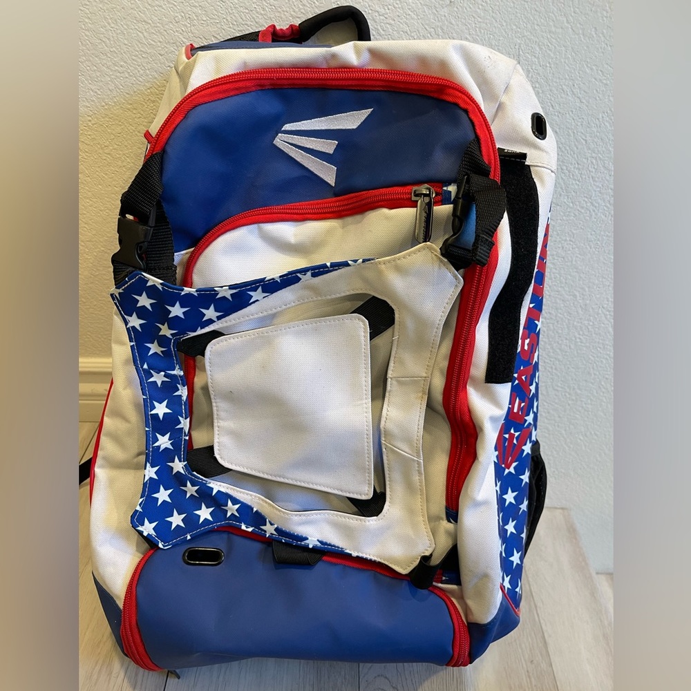 Baseball bag, red, white, and blue theme.